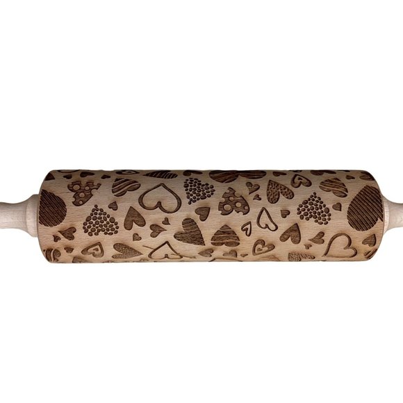WOODEN Rolling Pin Embossed Hearts Print Bakers Tool Kitchen Accessories 15" - Picture 5 of 5